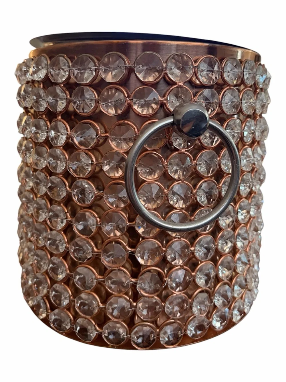 Glam Rose Copper Crystal Beaded Ice Bucket w/ Lid Hollywood Regency Barware